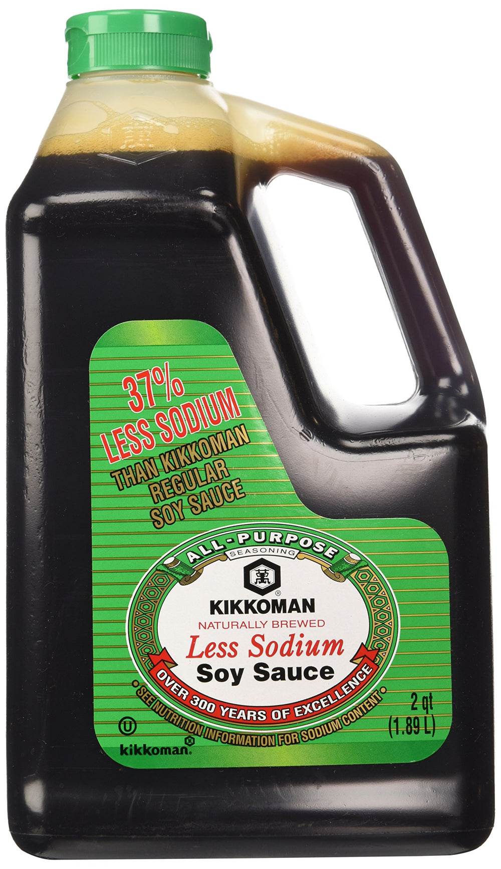 Kikkoman botella frontal 64 oz mostrando etiqueta y uso versátil