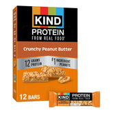 KIND empaque frontal de Crunchy Peanut Butter mostrando tamaño y 12 g proteína