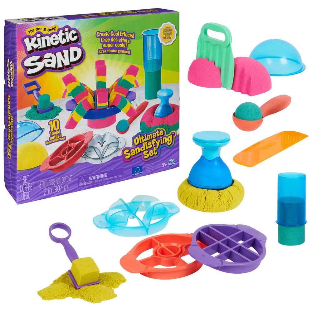 Kinetic Sand vista frontal del set con colores y herramientas, inspira creatividad