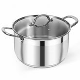 Kirecoo front view of 8-quart pot showing polished stainless steel and capacity benefit