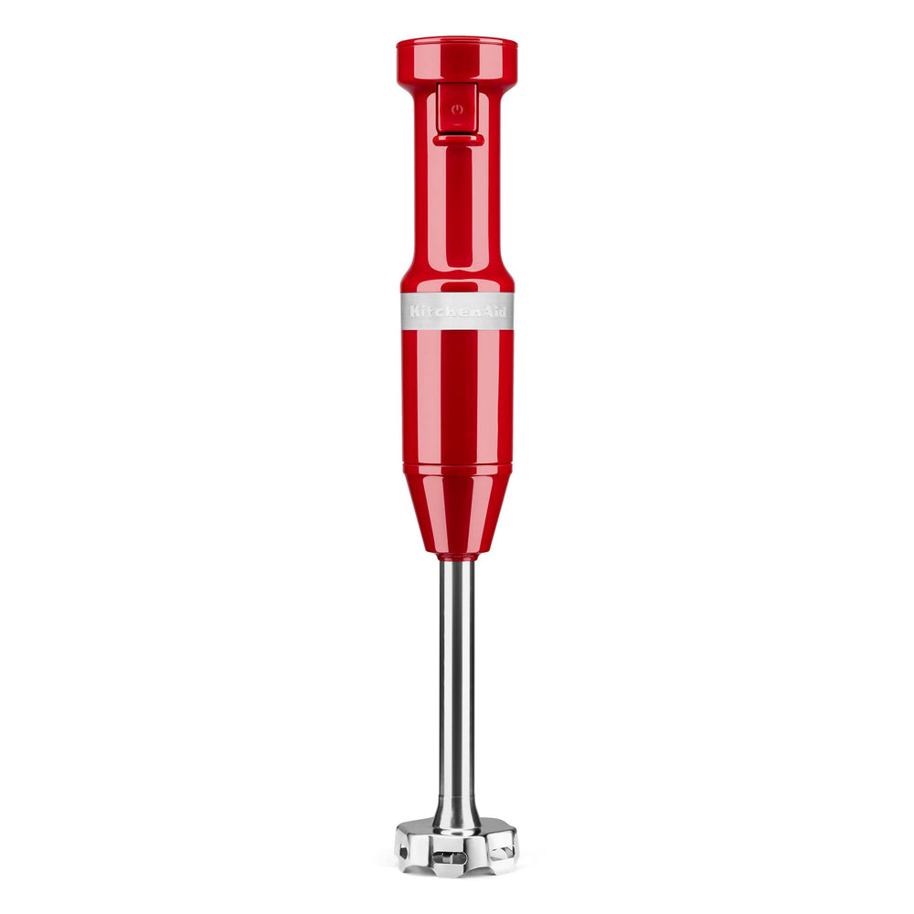 KitchenAid hand blender front view in empire red showing compact control and easy grip