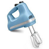 KitchenAid hand mixer front view in Blue Velvet showing controls and compact size for easy handling