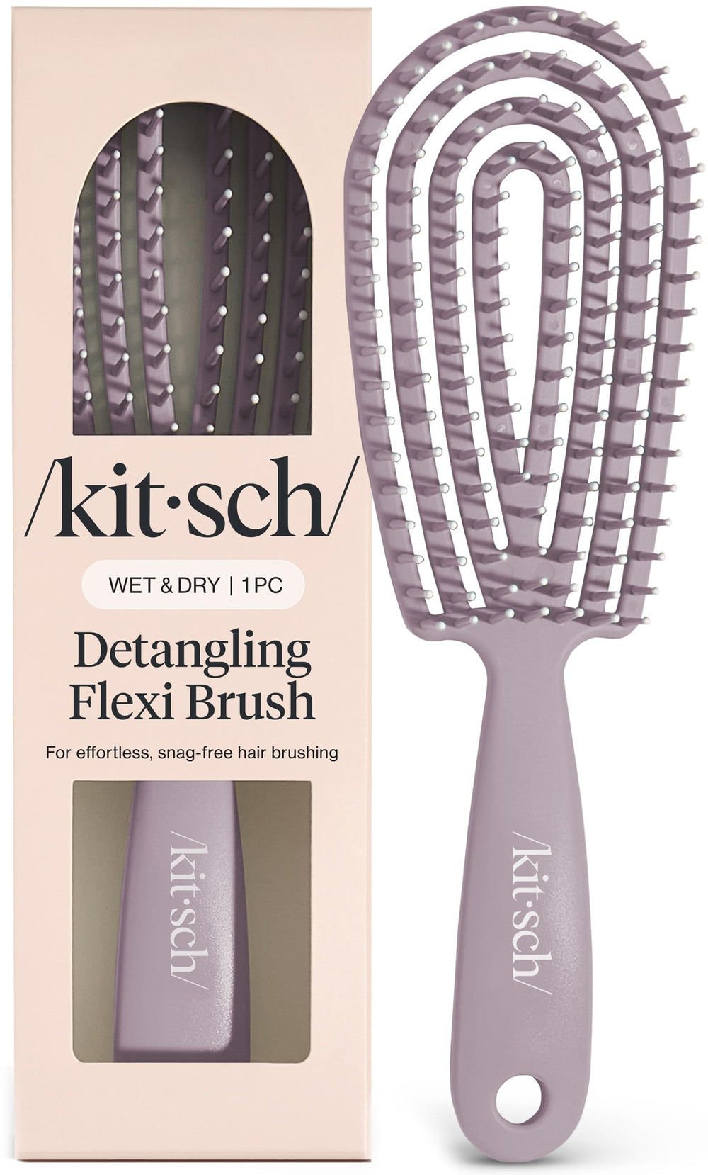 Kitsch cepillo frontal mostrando su forma flexible y color violeta, desenreda fácilmente