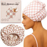 Kitsch gorra de ducha frontal mostrando diseño terracotta checker y estilo