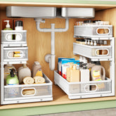 Kitstorack front view of two-pack under sink organizer showing neat cabinet setup and quick access