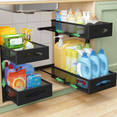 Kitstorack front view of 2-tier under sink organizer showing neat storage benefits