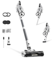 Klarpul front view of stick vacuum showing whole-unit and benefit of compact storage