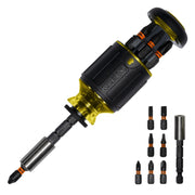 Klein Tools vista frontal del destornillador stubby y embalaje, herramienta lista para trabajo