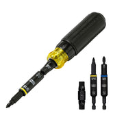 Klein Tools front view of 11-in-1 ratcheting screwdriver showing bits and handle for versatile use