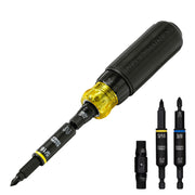 Klein Tools front view of 11-in-1 ratcheting screwdriver showing bits and handle for versatile use