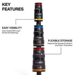 Klein Tools eje de 5 pulgadas con conector rápido mostrando compatibilidad y alcance
