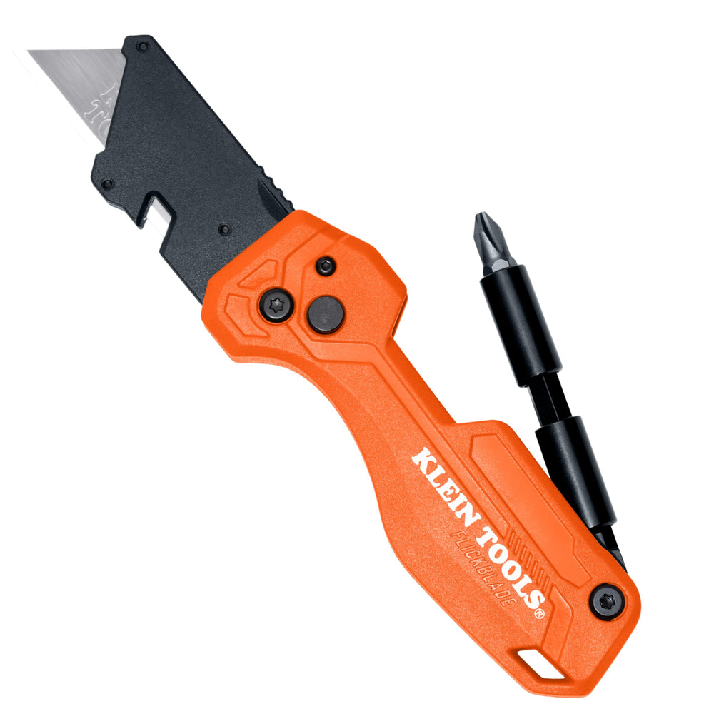 KLEIN TOOLS vista frontal del cuchillo plegable mostrando cierre seguro