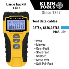 Klein Tools LAN Scout Jr. backlit display close-up showing clear wiremap results