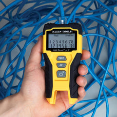 Klein Tools LAN Scout Jr. connected to an RJ45 plug demonstrating cable testing