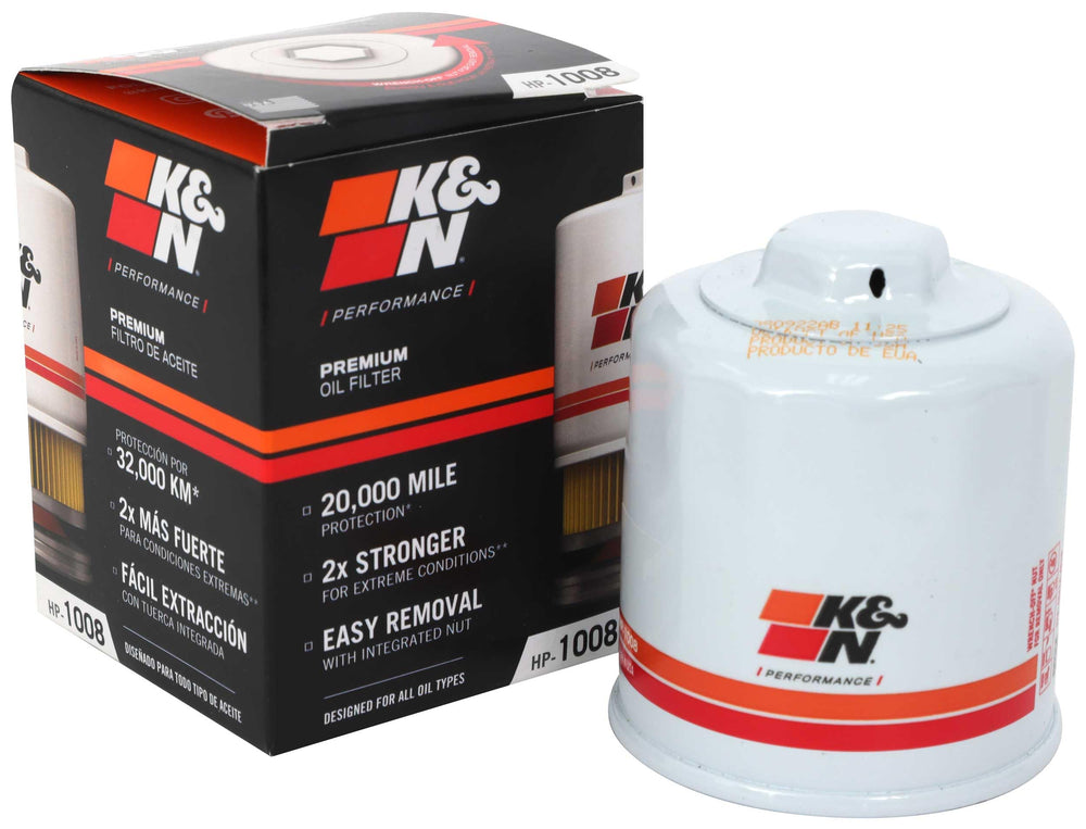 K&N filtro HP-1008 frente mostrando etiqueta y beneficio durabilidad