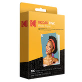 KODAK front packaging of 100-sheet ZINK paper showing count and compatibility, easy storage benefit