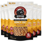 Kodiak Cakes frente del paquete mostrando el sello proteico y beneficio de saciedad
