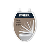 Kohler Brevia front view of white elongated toilet seat showing clean fit