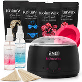 KoluaWax kit frontal completo mostrando calentador y accesorios para depilación segura