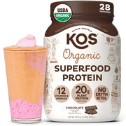 KOS chocolate front packaging showing product benefits and servings