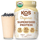 KOS polvo frente mostrando envase y sabor vainilla, beneficio claridad de ingredientes