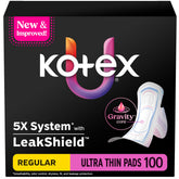 Kotex empaque frontal mostrando 100 unidades y beneficios visibles