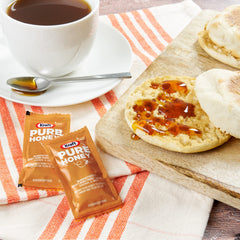 Kraft honey single-serve packet closeup, clear packet labeling for easy use