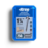 Kreg envase frontal con 250 tornillos mostrando cantidad y marca