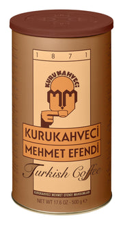 Kurukahveci Mehmet Efendi tin front view showing authentic packaging and heritage appeal