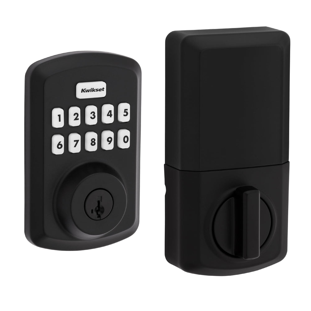 Kwikset Powerbolt 250 front view showing matte black finish and keypad, modern curb appeal