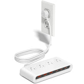 KWRNVO vista frontal con puertos USB y tomas AC, organiza dispositivos eficientemente