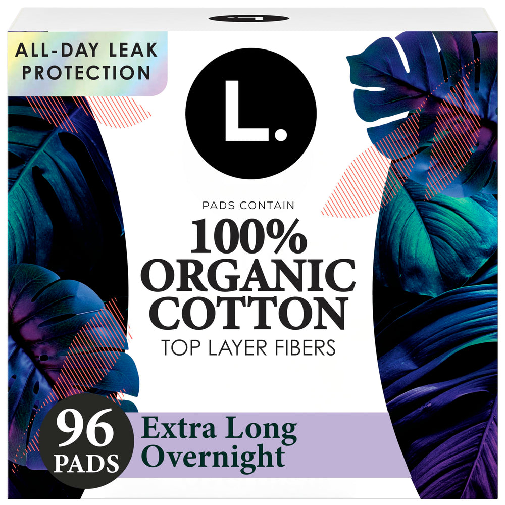 L. front packaging showing organic cotton and overnight claim for clear benefit