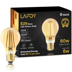 Lafoy bombilla A19 frontal mostrando diseño clásico y ajuste E26 para instalación fácil