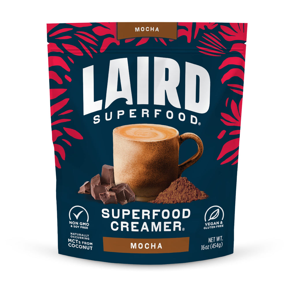 Laird Superfood frente del paquete mocha mostrando diseño y tamaño