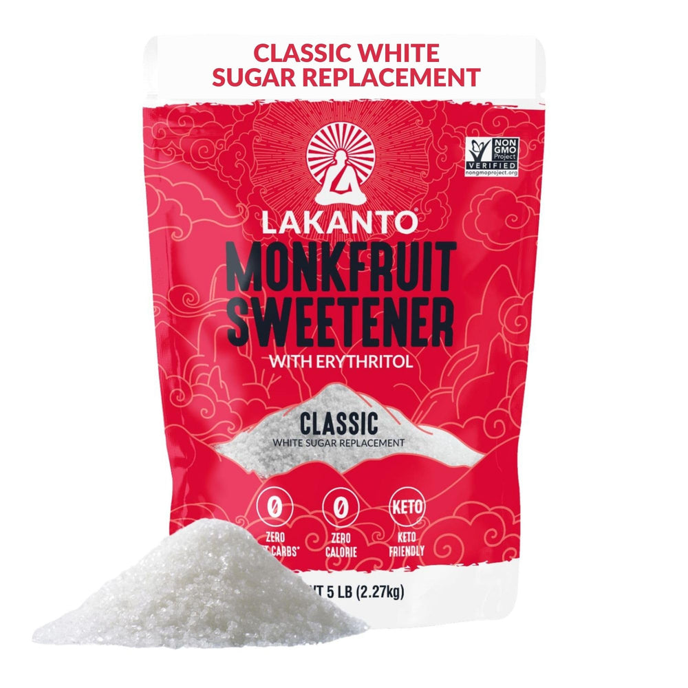 Lakanto front of bag showing brand and 5 lb size, convenient bulk storage benefit