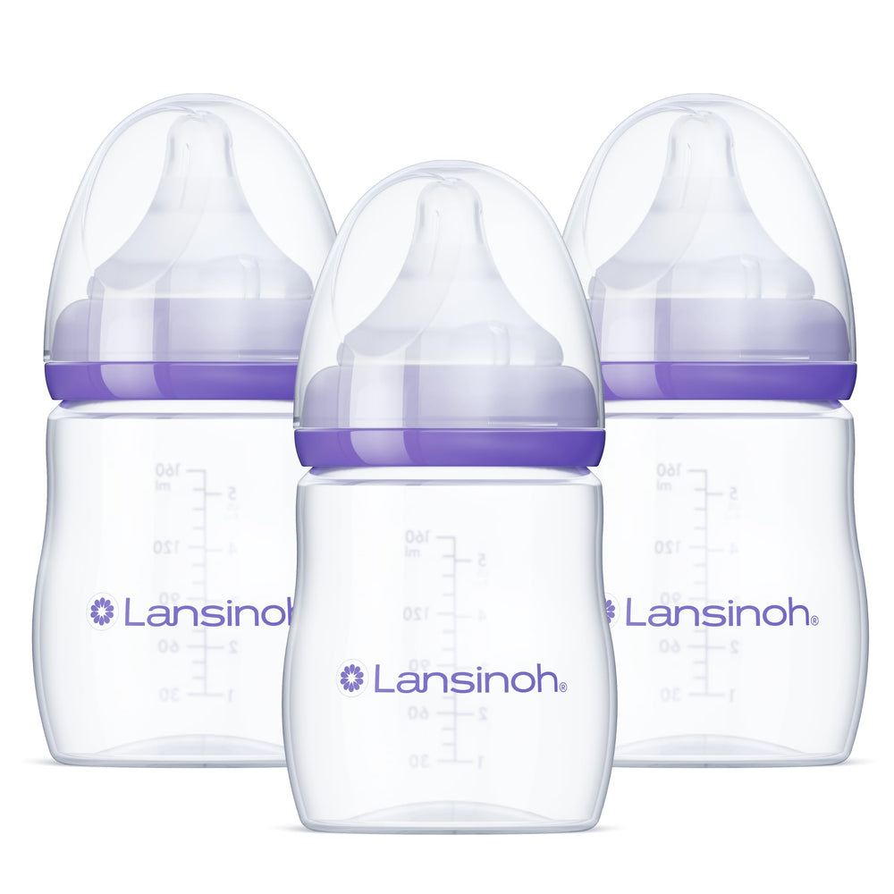 Lansinoh frente pack tres biberones mostrando diseño y capacidad