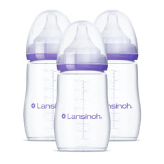Lansinoh frontal del pack de tres biberones mostrando capacidad 8 oz y etiquetas