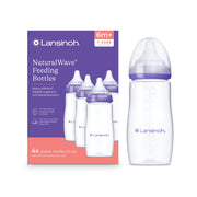 Lansinoh front packaging showing four 11oz bottles and included fast flow nipples for convenience
