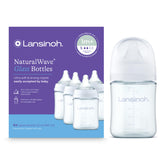 Lansinoh front packaging showing four 5oz glass bottles, clear and durable benefit