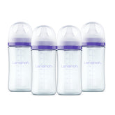 Lansinoh front view of four glass bottles, clear and durable for daily use