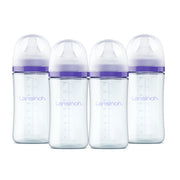 Lansinoh front view of four glass bottles, clear and durable for daily use