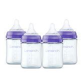 Lansinoh front packaging showing four 5oz glass bottles and extra-slow nipples for newborn comfort