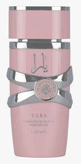 Lattafa Yara botella frontal elegante mostrando diseño compacto y apto para regalar
