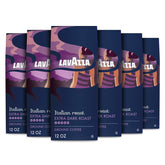 Lavazza frente del paquete con seis bolsas, conserva frescura y volumen