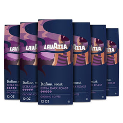 Lavazza frente del paquete con seis bolsas, conserva frescura y volumen