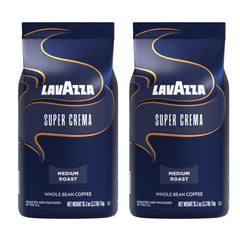 Lavazza Super Crema front packaging showing two 2.2 lb bags and bold branding
