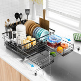 Laveshop front view of black dish drying rack showing organized capacity and neat counters