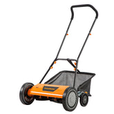 LawnMaster vista frontal del cortacésped mostrando la plataforma 18 pulgadas y beneficios de maniobra