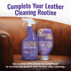 Leather CPR antes y después en sofá mostrando renovación del cuero