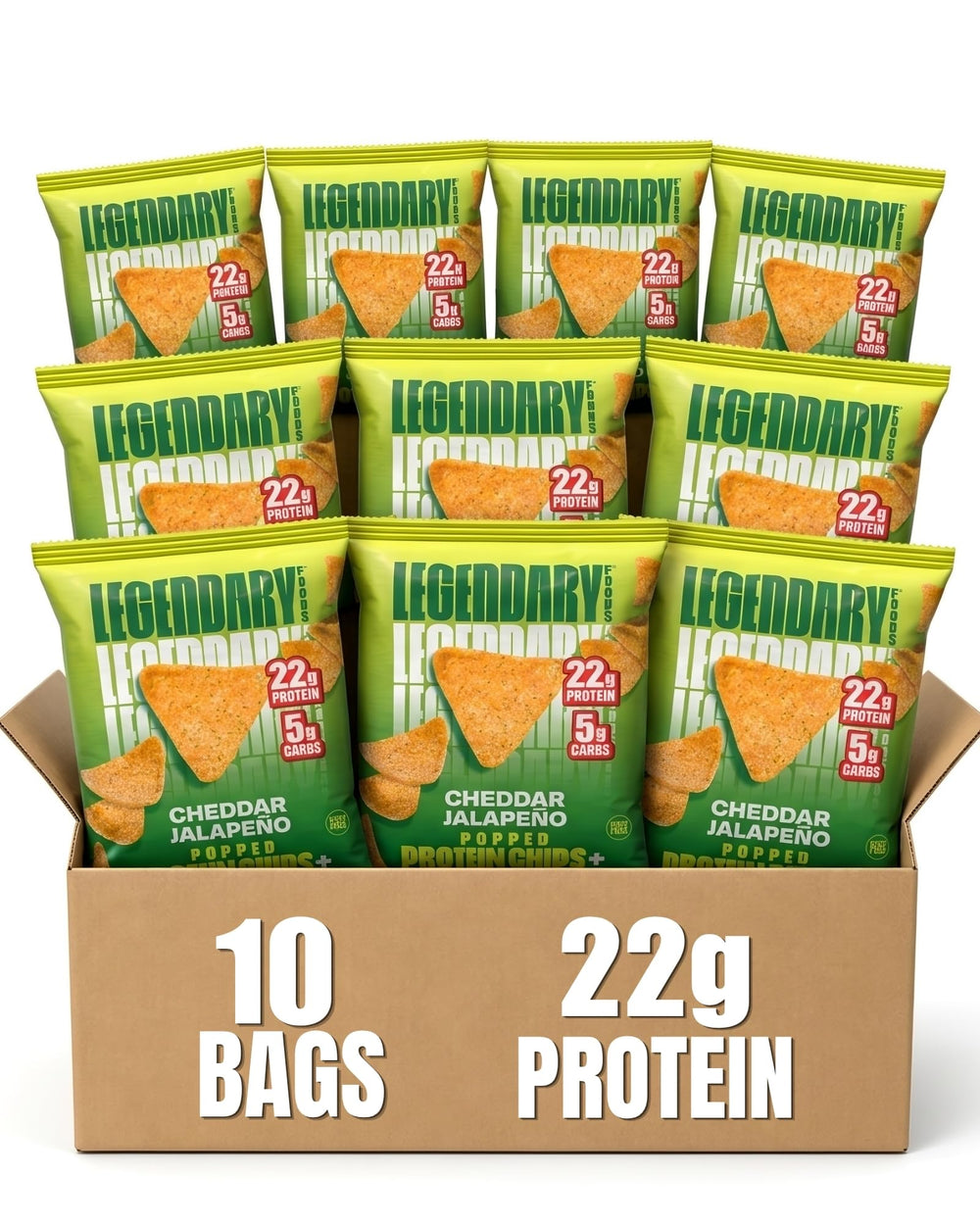 Legendary Foods frente del paquete mostrando 22g proteína y sabor cheddar jalapeño